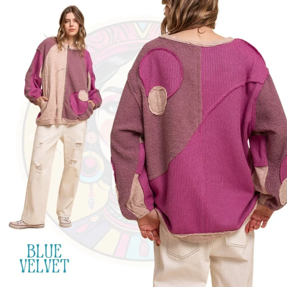 1V BLUE VELVET Long Sleeve Mixed Materials Zip Up Shirt Pink Combo - Picture 2 of 2